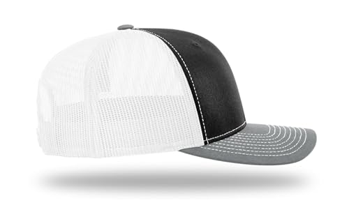 Richardson 112 Trucker Hat - Premium Blank Baseball Cap, Adjustable Snapback Hat - Structured Six Panel Richardson Blank Hats - color: Black/White/ Heather Grey
