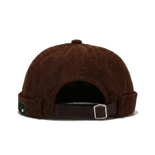 Mens Corduroy Docker Brimless Skullcap Rolled Cuff Beanie Hat - color: Brown