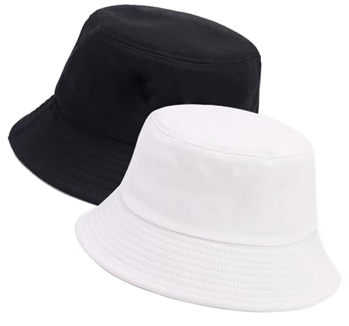 XYIYI 2 Pack Unisex Bucket Hat for Women Men Summer Beach Fishing Hat Sun Hat - color: Black White