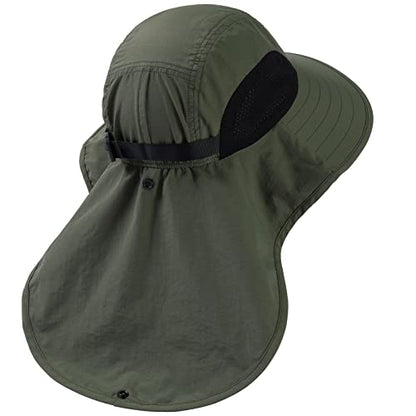 BASSDASH UPF 50+ Unisex Water Resistant Wide Brim Sun Hat with Large Neck Flap Ponytail Fishing Hat for Men Women - color: Army Green