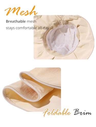 Women Summer Sun Hats Wide Brim Foldable Packable UPF 80+ UV Protection Travel Beach Outdoor Bucket Hat Bow Tie - color: Beige