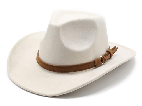 Unisex Western Suede Cowboy Cowgirl Hat Classic Wide Brim Fedora Hat for Men &Women - color: Beige