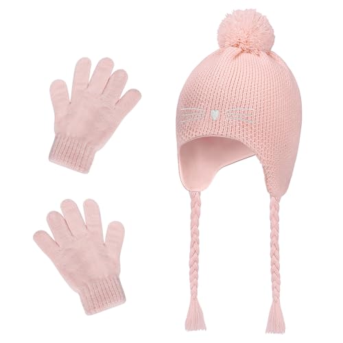 Girls Winter Hat Gloves Set, Kids Cat Embroidered Knit Beanie with Earflaps - color: Pink