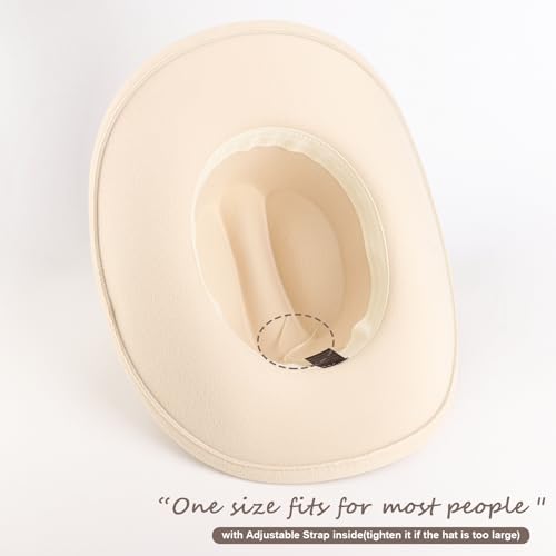 AQOKKA Western Cowboy Hats for Women Classic Felt Wide Brim Fedora Hat with Belt Buckle Retro Panama Hat Unisex Rolled up Cap - color: 1 Pc Fedora Hat a : Beige a