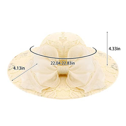 Haoohu Women's Church Derby Hat Wide Brim Bow Bucket Hat Wedding Dress Hat Fascinator Bridal Tea Party Hat - color: 03966leaf Beige