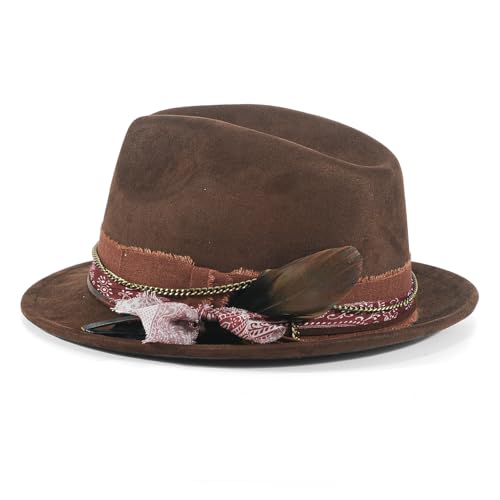 Fedora Trilby Hats for Men Women Handmade 1920s Classic Short Brim Hat with Feathers Unisex - color: Brown