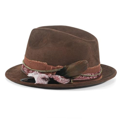 Fedora Trilby Hats for Men Women Handmade 1920s Classic Short Brim Hat with Feathers Unisex - color: Brown