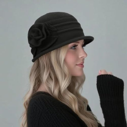 Wool Cloche Bucket Hat for Women 1920s Floral Bowler Cap Elegant Church Dress Cap Winter Warm Fedora Hat - color: Black