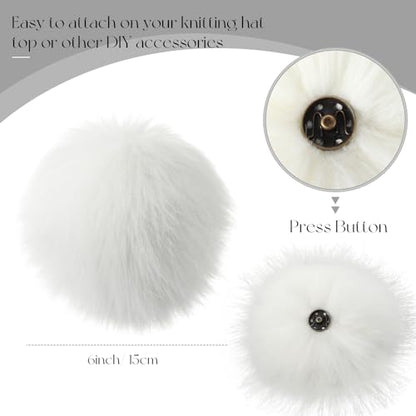 Juinte 4 Pcs 6 Inch Large Fur Pom Pom Balls for Hats, White - color: White