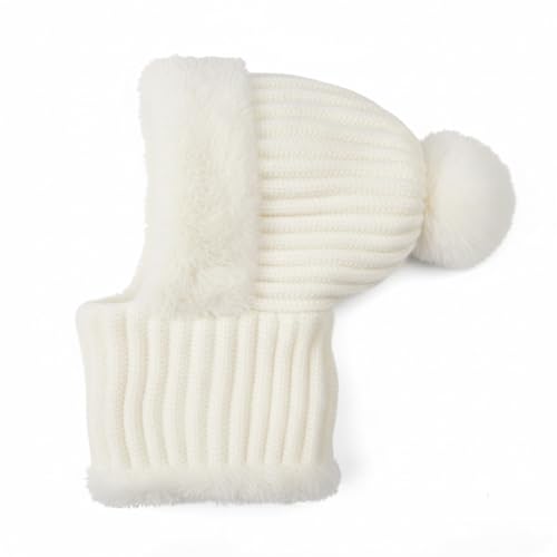 HUAMULAN Women Winter Knit Beanie Hats One Piece Fleece Lined Balaclavas - color: Cream White + Faux Fur