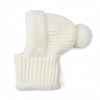 HUAMULAN Women Winter Knit Beanie Hats One Piece Fleece Lined Balaclavas - color: Cream White + Faux Fur