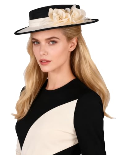 Wide Brim Church Hat for Women - Fascinator with Flower Bead,Bridal Wedding Tea Party Dress Formal Cocktail Flat Top Hats