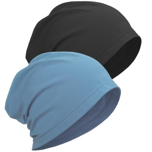 ROYBENS 100% Cotton Thin Slouchy Beanie Hat Women Men Lightweight Chemo Cap - color: 2pcs Black+light Blue
