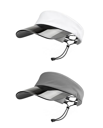 Transparent Sun Visor Hat for Women Men - UPF 50+ Clear Brim Adjustable Drawstring for Golf Tennis Pickleball - color: White + Grey