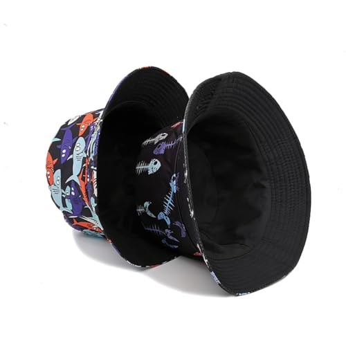 Quanhaigou Reversible Printed Bucket Hat,Summer Beach Outdoor Cap - color: Cartoon Shark