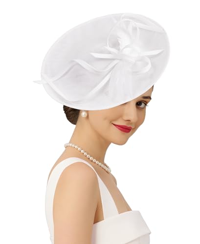 Kidukso Fascinators Hat 20s 50s for Women Derby Hat Vintage Feather Headband for Tea Party Church Wedding Cocktail - color: White