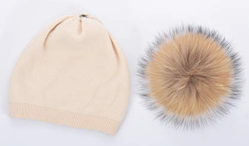 Women's Double Layer Winter Slouchy Knit Beanie Hat with Real Fur Pom Pom - color: Beige