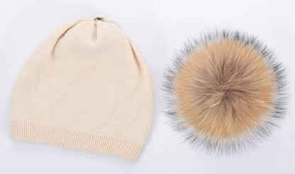 Women's Double Layer Winter Slouchy Knit Beanie Hat with Real Fur Pom Pom - color: Beige