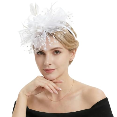 DRESHOW Fascinators Hat Feather Headband Women's Fascinators Tea Party Headwear with Clip Flower Head Band for Girls & Women - color: 8.7" Diameter / White