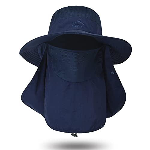 Fishing Hat for Men Sun Protection Hat with Removable Neck Flap Face Cover - color: Navy Blue
