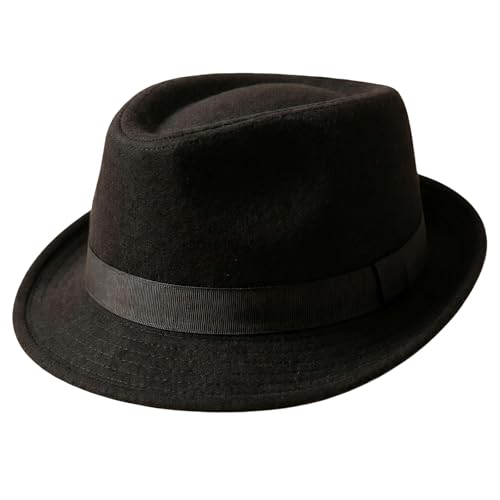 Unisex Trilby Fedora Hat Short Brim Panama Hat with Band Vintage Style Felt Derby Jazz Cap for Head Circumference 22.8inch - color: Black