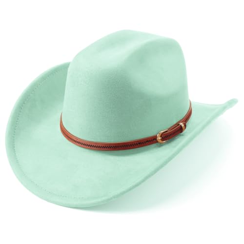 Western Cowboy Hats for Women Classic Felt Wide Brim Fedora Hat with Belt Buckle Retro Panama Hat Unisex Rolled up Cap - color: Suede Cowboy Hats : Grass Green, size: Medium
