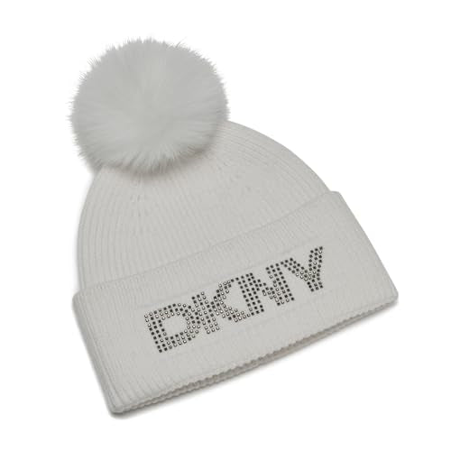 DKNY Women's Studded Logo Knit Beanie with Faux Fur Pom - color: Ivory