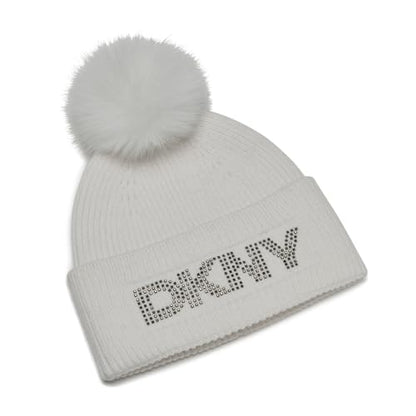 DKNY Women's Studded Logo Knit Beanie with Faux Fur Pom - color: Ivory