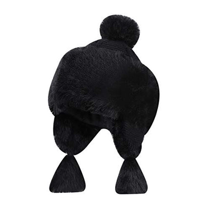 Warmer Faux Fur Trapper Hat for Women, Furry Warm Mongolian Russian Skiing Winter Cold Windproof Earflap Outdoor Cap - color: Black