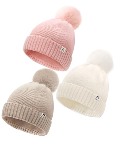 FURTALK Baby Winter Hat Toddler Beanie Infant Newborn Warm Pom Pom Cap - color: Beige+light Khaki+pink, size: 0-6 Months