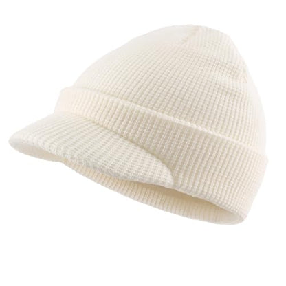 Home Prefer Mens Wool Blend Winter Hat Double-Layer Warm Knit Pre-Curve Visor Beanie Brimmed Beanies Hat for Men Women - color: Beige
