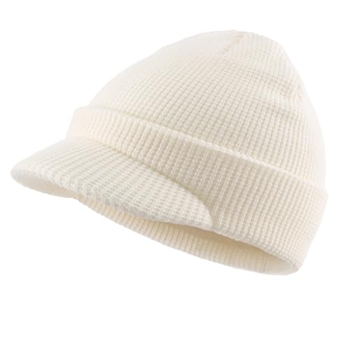 Home Prefer Mens Wool Blend Winter Hat Double-Layer Warm Knit Pre-Curve Visor Beanie Brimmed Beanies Hat for Men Women - color: Beige