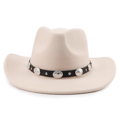 DRESHOW Women Men Classic Felt Wide Brim Western Cowboy & Cowgirl Cap Belt Buckle Retro Panama Hat Unisex Rolled up Caps - color: Beige With Black Hatband(circumference: 22-22.8")