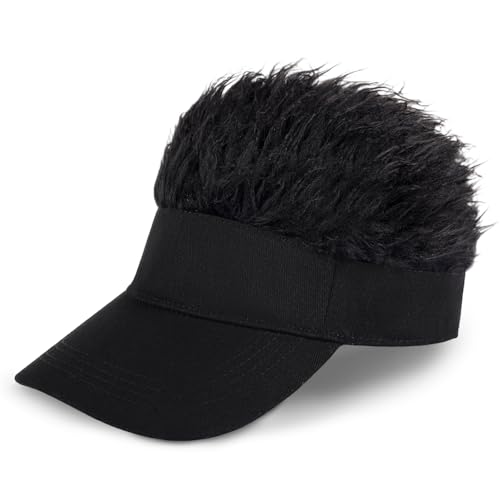 Adjustable Sun Visor Hat with Wig Spiked Hairs Fashion Baseball Golf Cap for Men & Women - color: Black+black Hair