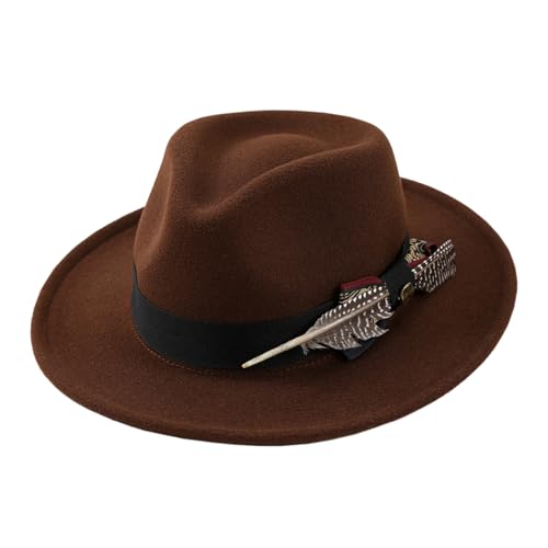 PURFUN Vintage Feather Felt Fedora Hat for Men Women Classic Short Brim Jazz Dance Party Wedding Trilby Bowler Panama Hat - color: Bow&feather/Coffee