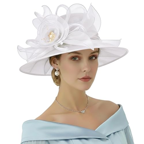 AQOKKA Women Organza Church Fascinators Kentucky Derby Hats for Women and Girls Wedding Flower Tea Party Hat with Wide Brim - color: Organza Rose : White