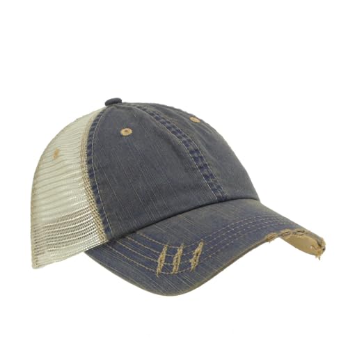 The Vintage Year Distressed Cotton Unstructured Soft Mesh Breathable Adjustable Dirty Wash Dad Hat Trucker Baseball Cap - color: Dirty Wash Navy