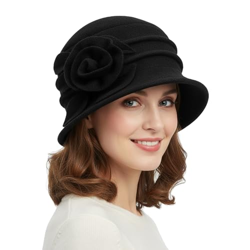 Women Cloche Bucket Hat 1920s Vintage Dress Winter Hats - color: Flower Black
