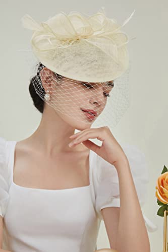 BABEYOND Fascinators Hats for Women Pillbox Kentucky Hat with Feather Veil - color: Off-white