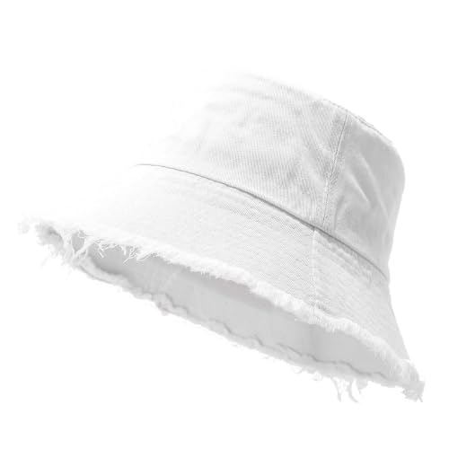 Quanhaigou Frayed Unisex Sun Hats, Fashion Beach Bucket Hat for Men Women,Summer Outdoor Boy's Girls Boonie Cap - color: Vintage White