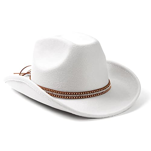 Lisianthus Women's Cowboy Felt Hat Wide Brim for Party Western - color: A Shiny-white
