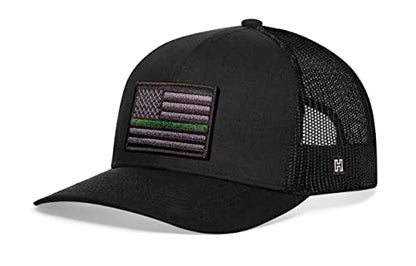 HAKA American Flag Hat | USA Mesh Trucker Snapback Comfort Baseball Cap - color: Black, style: Thin Green Line (Grey Stripes)