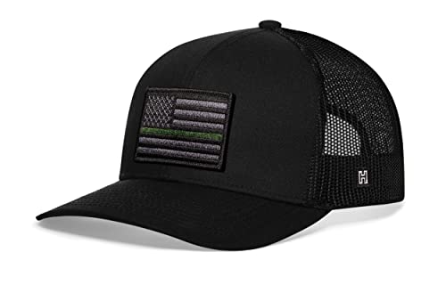 HAKA American Flag Hat | USA Mesh Trucker Snapback Comfort Baseball Cap - color: Black, style: Thin Green Line (Grey Stripes)