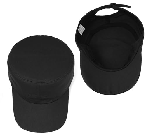 Washed Cotton Flat Top Military Cap for Unisex - color: Black