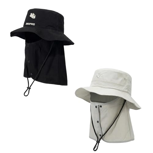 Bucket Hat for Men Women,Waterproof Sun Hat UV Protection with Detachable Face Neck Flap for Outdoors - color: Black+grey