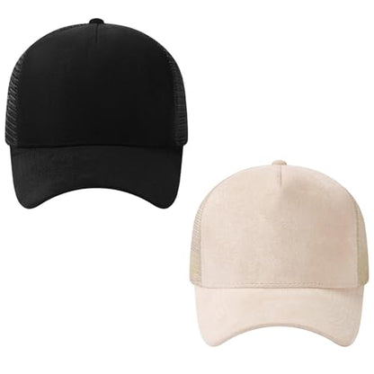 Suede Curved Brim Trucker Cap Adjustable Snapback Hat Mesh Back Breathable for Men Women 2 Pack SH03 - color: Pack of 2, Black & Bleached Sand