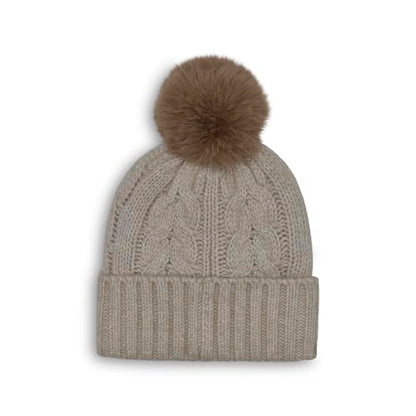 Calvin Klein Women's Cable Knit Beanie with Faux Fur Pom - color: Heathered Almond