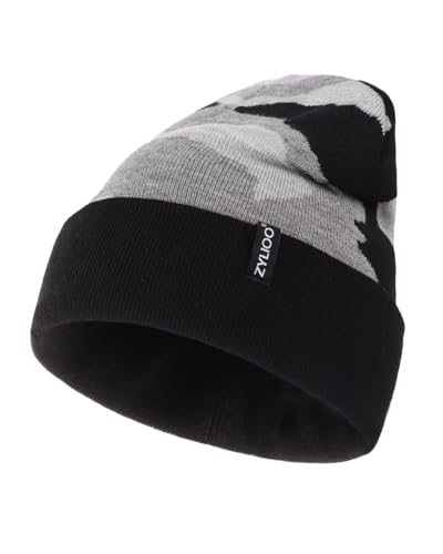 Zylioo XXL Beanie for Men,Big Head Winter Knit Hat,Stretch Warm Skull Cap - color: Camo Gray, size: Large-X-Large