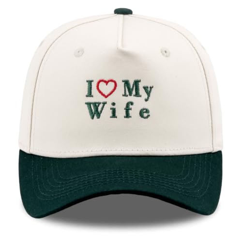 Funny Embroidered Trucker Hat, Vintage Two-Tone Cotton Baseball Cap for Men Women, Adjustable Dad Hat Gift Idea - color: I Love My Wife Heart, Dark Green/Beige