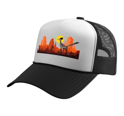 Roadrunner Bird Desert Vibes Arizona New Mexico Nevada Trucker Hat with Adjustable Mesh Back - color: Black/White